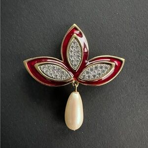 VTG Monet Brooch Red Enamel Rhinestone Leaves with Dangling Pearl Drop